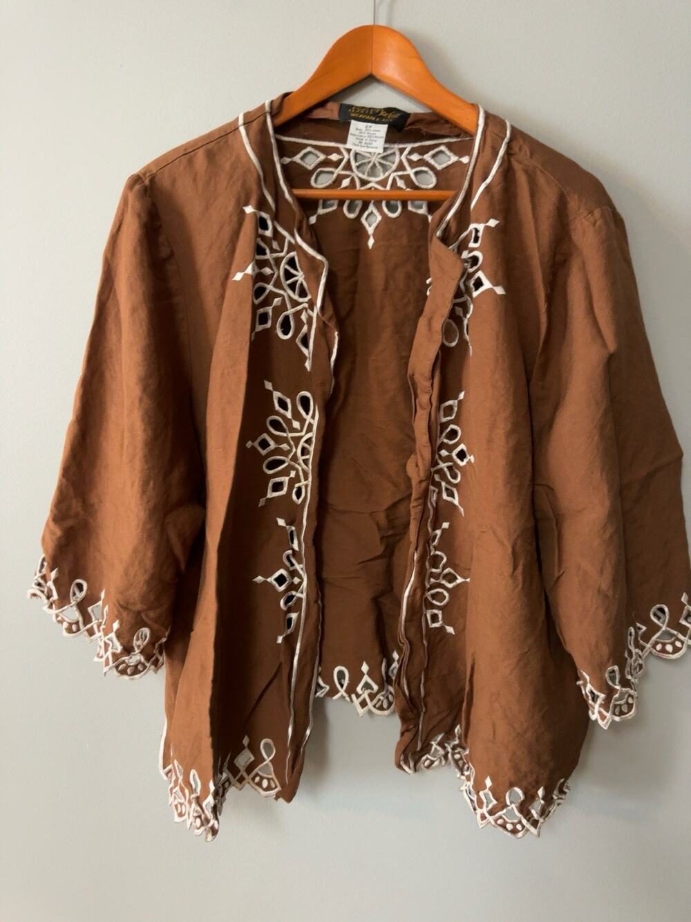 Bob Mackie Wearable Art 2X Linen Blend Embroidered Open Jacket Brown Boho
